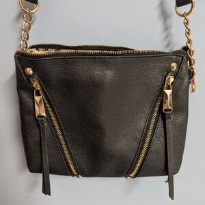 Black Leather Crossbody Bag with Gold Accents